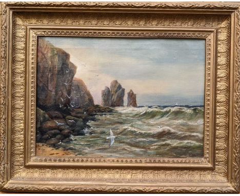 G Bates, seascape with cliffs and gulls, signed, oil on canvas, 23 x 32cm