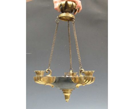 Two early 20th century ormolu ceiling lights, one with glass shade 46cm diameter, the other in hanging Roman lamp form 29cm w