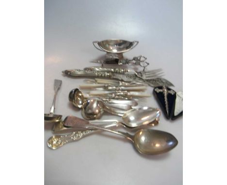 A collection of silverware, mainly flatware, 23.5ozt together with 7 mother of pearl handled and silver bladed French fruit k