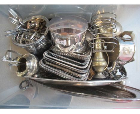 A large collection of silver plated items including trays, entrée dishes, teapot, coasters, jug, toastracks, flatware etc