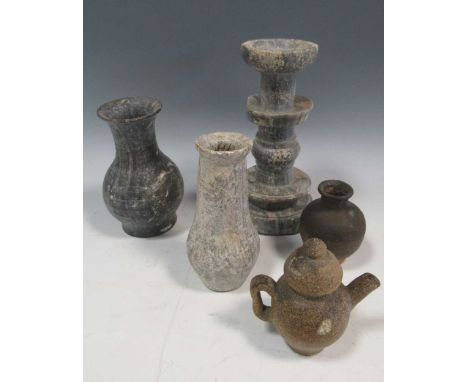 Four stone and one pottery chinese items and "candlestick" , 18.5cm high (5)