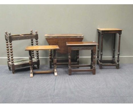 An oak joint stool, a small gateleg table, a stick stand, and two occasional tables (5)