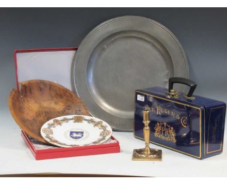Large antique pewter salver, an 18th century brass candlestick, Pol Roger enamel promotional case with display magnum, Presen