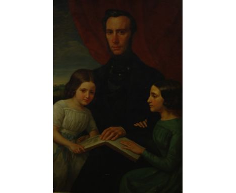 A large and impressive 19th century oil painting on canvas depicting a family portrait depicting a father reading a book to h