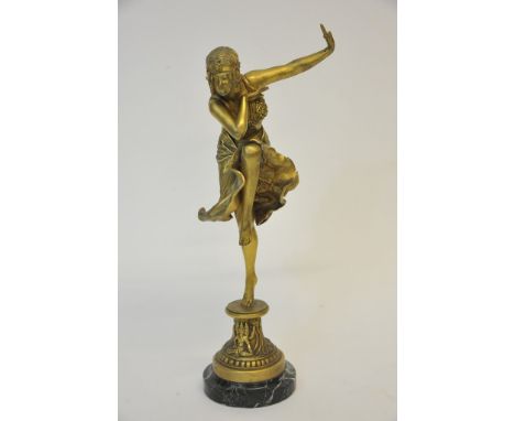 A fine quality Art Deco gilt bronze sculpture in the form of a dancing girl on a marble base base, signed to the base for Cla