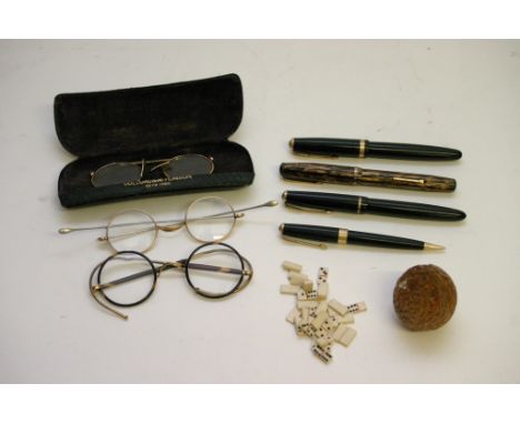 Four pens including gold nib Parker, vintage spectacles and a walnut shaped games shaker containing miniature dominoes