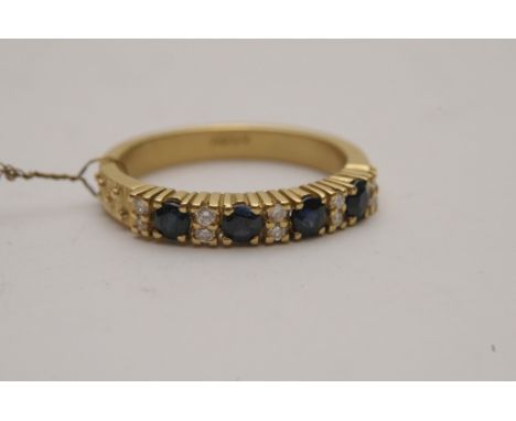 A ladies 18ct yellow gold half eternity ring set with alternating sapphires and diamonds