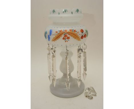 A Victorian painted glass lamp with glass drops
