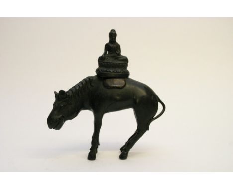 A Chinese bronze censer in the form of a horse with 'married' Buddha lid finial