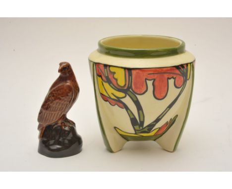 A Clarice Cliff style reproduction jardiniere and scotch whisky bottle