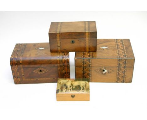 Three Tunbridgeware boxes including one tea caddy plus another box