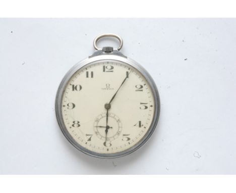 A stainless steel Omega button wind pocket watch
