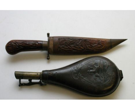 A 19th Century powder flask and Kukri knife 