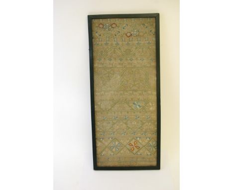 An extremely rare and fine 17th century needlework sampler with date an initials to the bottom MH 1656. Frame size: 50.5cm x 