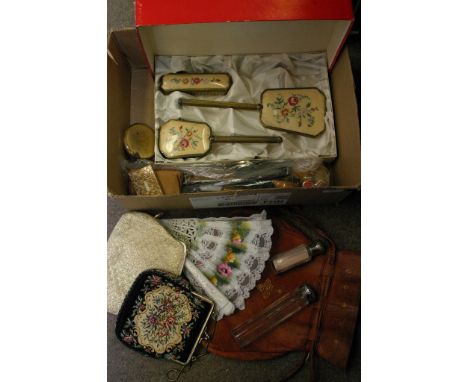 A collection of vintage vanity items including a boxed brush set, a musical compact plus others and bags