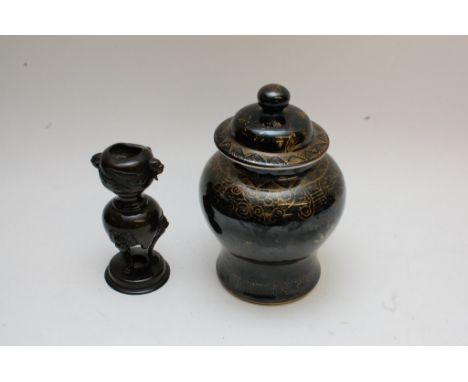 A Chinese black glazed jar and cover with gilt decoration together with a small oriental bronze censer