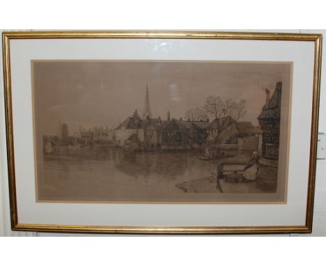 A large gilt framed etching depicting a view of St Ives signed C Holloway 86