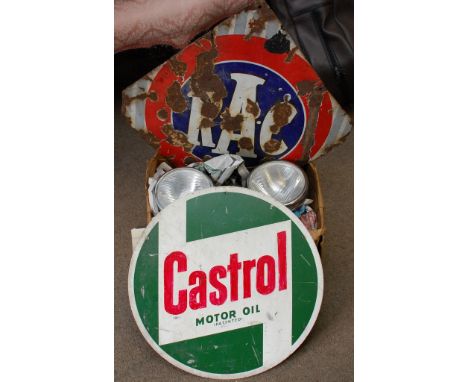 A vintage R.A.C enamel sign A/F, round metal Castrol sign and four matching chrome car spot lamps 