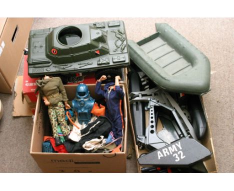 A box containing a collection of Action man figures and accessories together with a pursuit craft, a boxed cub patrol car and
