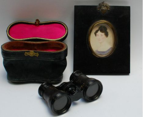 A Victorian framed portrait miniature together with a cased pair of opera glasses