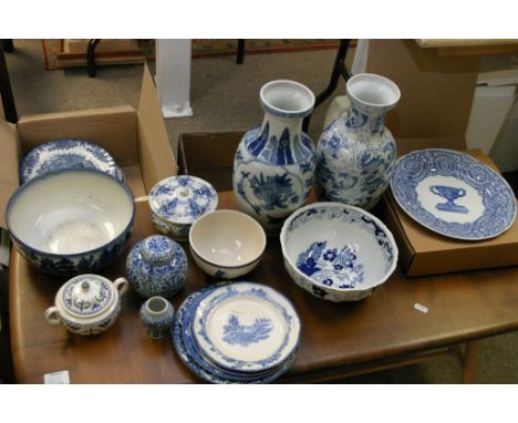 A collection of various blue and white decorative ceramics including English and oriental and boxed Spode plates