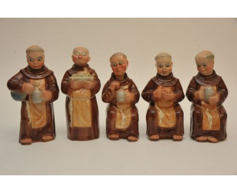 Five German ceramic drink decanters modelled as monks