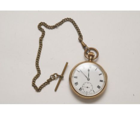 A gold plated button wind open face pocket watch on chain