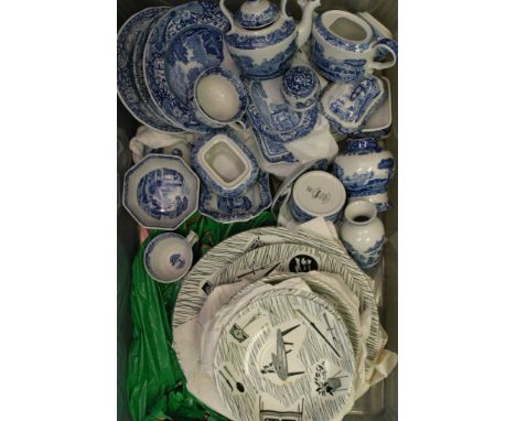A box containing Spode blue and white ceramics and Ridgeway 'Homemaker' pattern plates