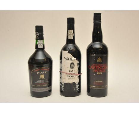 A bottle of 1977 vintage Warre port with a 1963 late Cavendish Vintage Vin de Liquer and one other bottle of port 