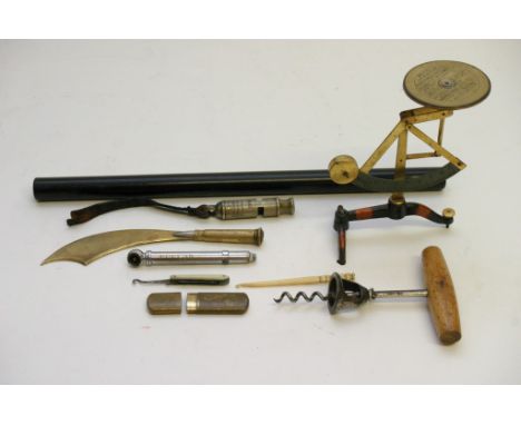 A bag of oddments including a set of postal weighing scales and 1916 whistle