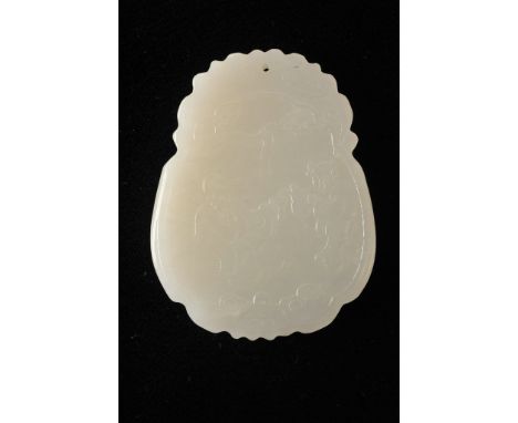 A Chinese pale green jade pendant one side with figures, with other Chinese script