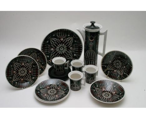 A Portmeirion pottery 'Magic City' pattern part coffee set designed by Susan Williams-Ellis