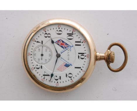 A gold plated Elgin button wind pocket watch with white enamel dial decorated with Union Jack and American flag