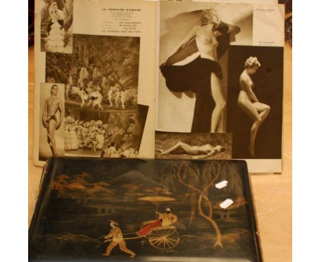 A lacquer album containing a collection of vintage Mediterranean postcards and Folies Bergere 1936