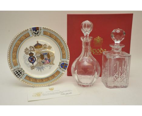 A boxed Spode limited edition 'Eton College' plate with certificate and two cut glass decanters