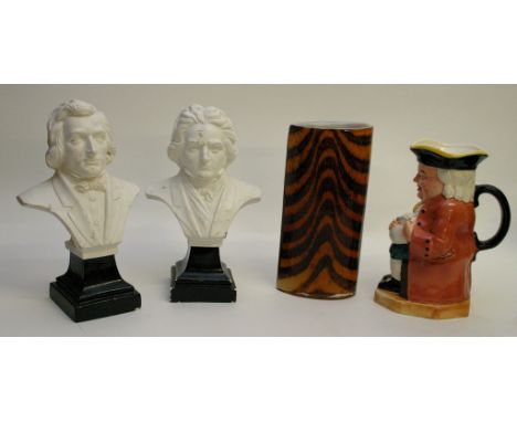 A selection of Toby Jugs, a glass vase, a ceramic money box and two small busts depicting Chopin and Beethoven 