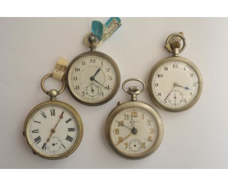 Four vintage button wind pocket watches for spares or repairs 