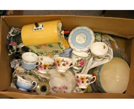 A 1930's biscuit barrel formed as a gypsy caravan, Spode part tea set, Coronation glass plate and other ceramics