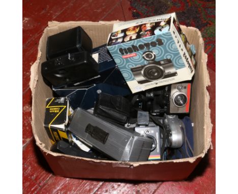 A box of cameras to include Canon, Polaroid, Halina, Olympus etc.