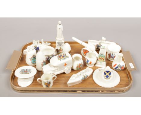 A tray of crested ware to include Arcadian, Carlton, Goss etc.