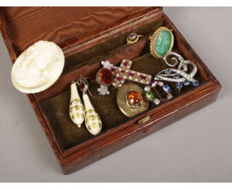 A box of Victorian and later coloured paste dress jewellery and a carved ivory portrait brooch etc.