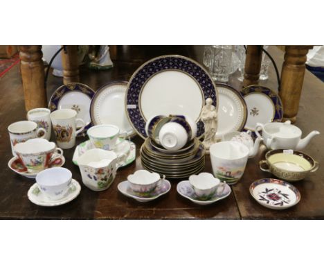 A group lot of ceramics to include mixed tea wares, Moustache cup, Shelley, oriental cup and saucers, Wedgwood etc.