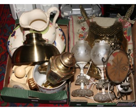 Two boxes of miscellaneous including a woolwork rug, brass effect wall lantern pottery wash jug and bowl, vintage telephone e