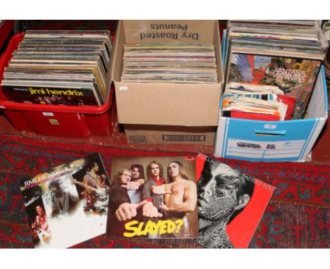 Three boxes of L.P and single records to include The Beatles, The Rolling Stones, Bob Dylan etc.