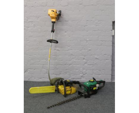 A collection of petrol driven tools to include Alpine Prof - 45 chainsaw, a McCulloch TM 210 garden strimmer and a Gardenline