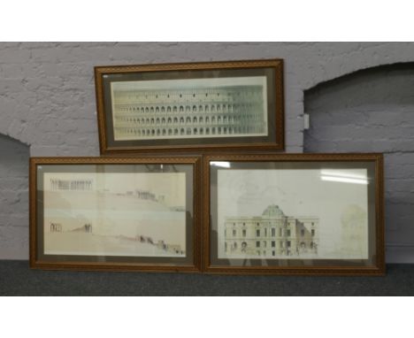 Three large framed architectural prints, to include the Parthenon Athens, The Colosseum Rome and one other.
