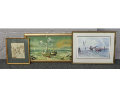 A framed Sepia toned watercolour painting signed indistinct, along with a horse racing print and a framed oil on canvas seasc