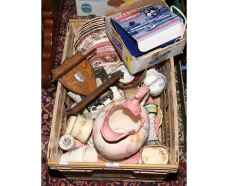 A box of miscellaneous to include jug and bowl, pipe rack, meat plates, Wedgwood, Carlton ware, James Harriot tea pot etc. Al