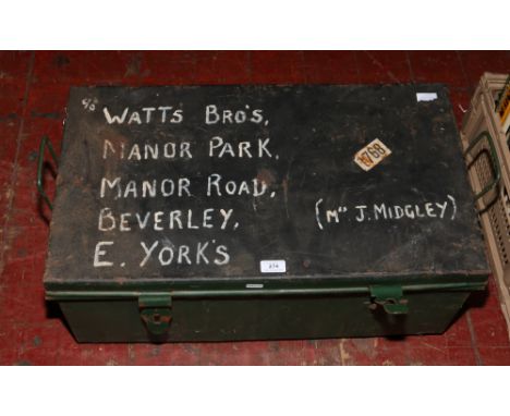 A painted tin trunk and contents of various speakers.