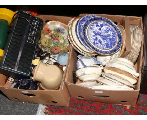 Two boxes of miscellaneous to include stoneware, Crown Devon teawares, cabinet plates, Dansette amplifier etc.